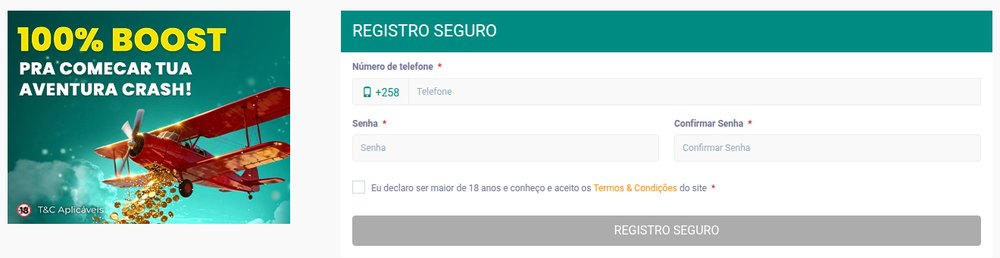 Formulário de registo da OlaBet com telefone +258, senha, confirmação e declaração de maioridade, ao lado do banner 100% Boost