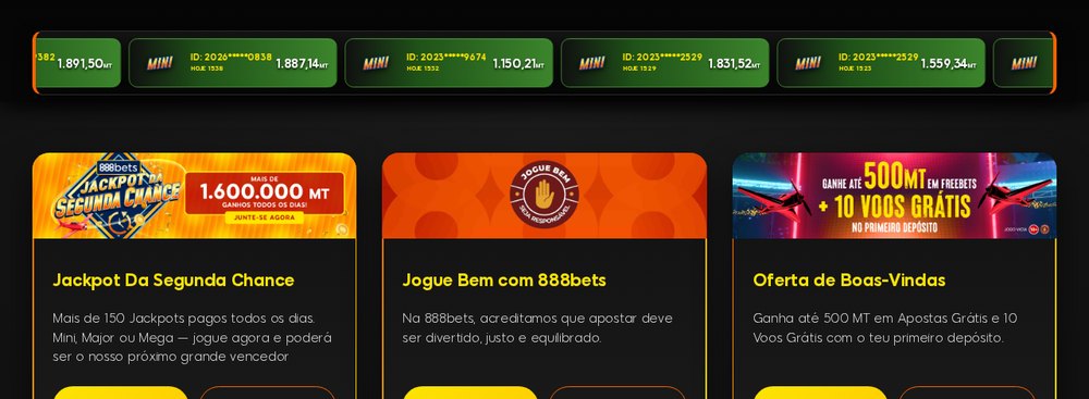 Página de promoções da 888Bets Moçambique com o jackpot diário e a oferta de boas-vindas de até 500 MT em apostas grátis e 10 voos grátis