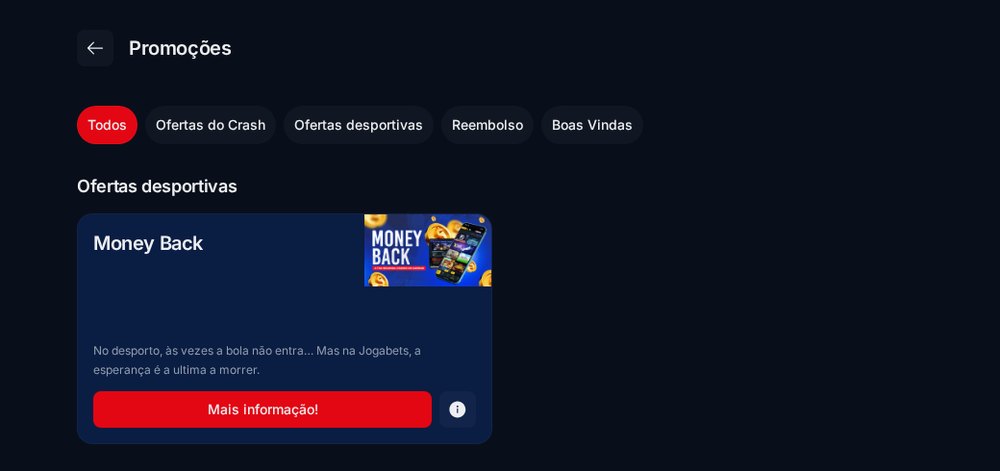 Página de promoções da JogaBets Moçambique com os separadores de ofertas do crash, desportivas, reembolso e boas-vindas