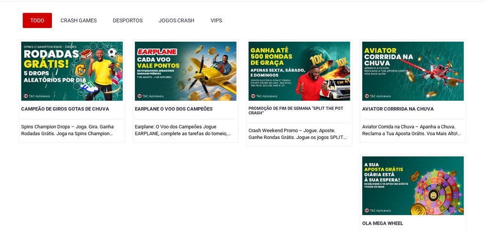 Grelha de promoções no site da OlaBet Moçambique, com ofertas separadas por desporto, jogos crash e VIP