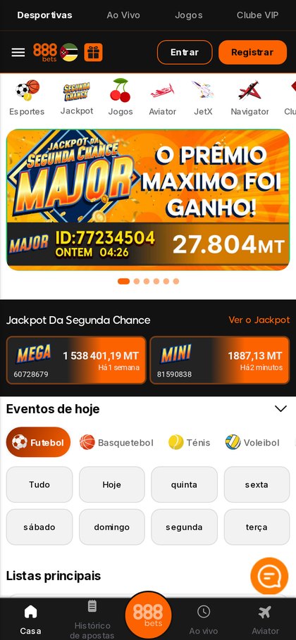 Ecrã do site móvel da 888Bets Moçambique num telemóvel, com jackpot, eventos do dia e menu inferior
